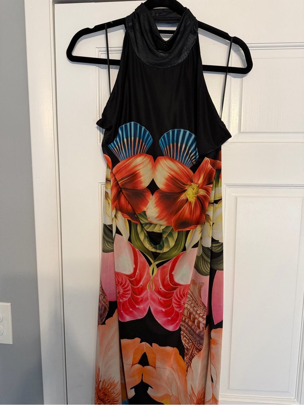 Anthropologie AFRM Halter Mid Calf Length Dress Black Multicolor Floral Print